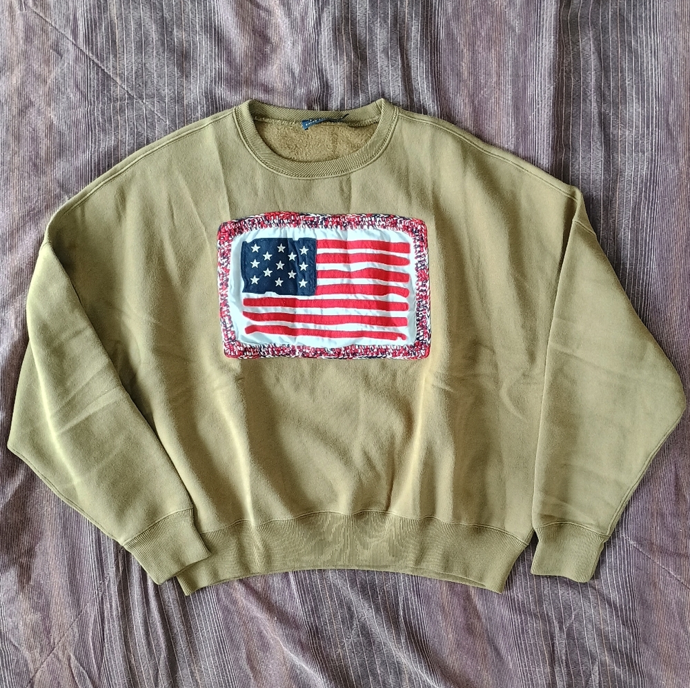 Polo Ralph Lauren Quilted American Flag sweatshirt olive red white blue sz SMALL